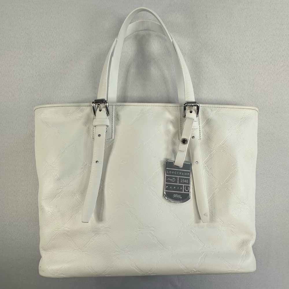 Longchamp • LM Cuir Embossed Logo Metal Luggage Tag White Double Shoulder RARE